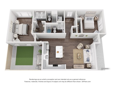a stylized floor plan with a bedroom and a living room
